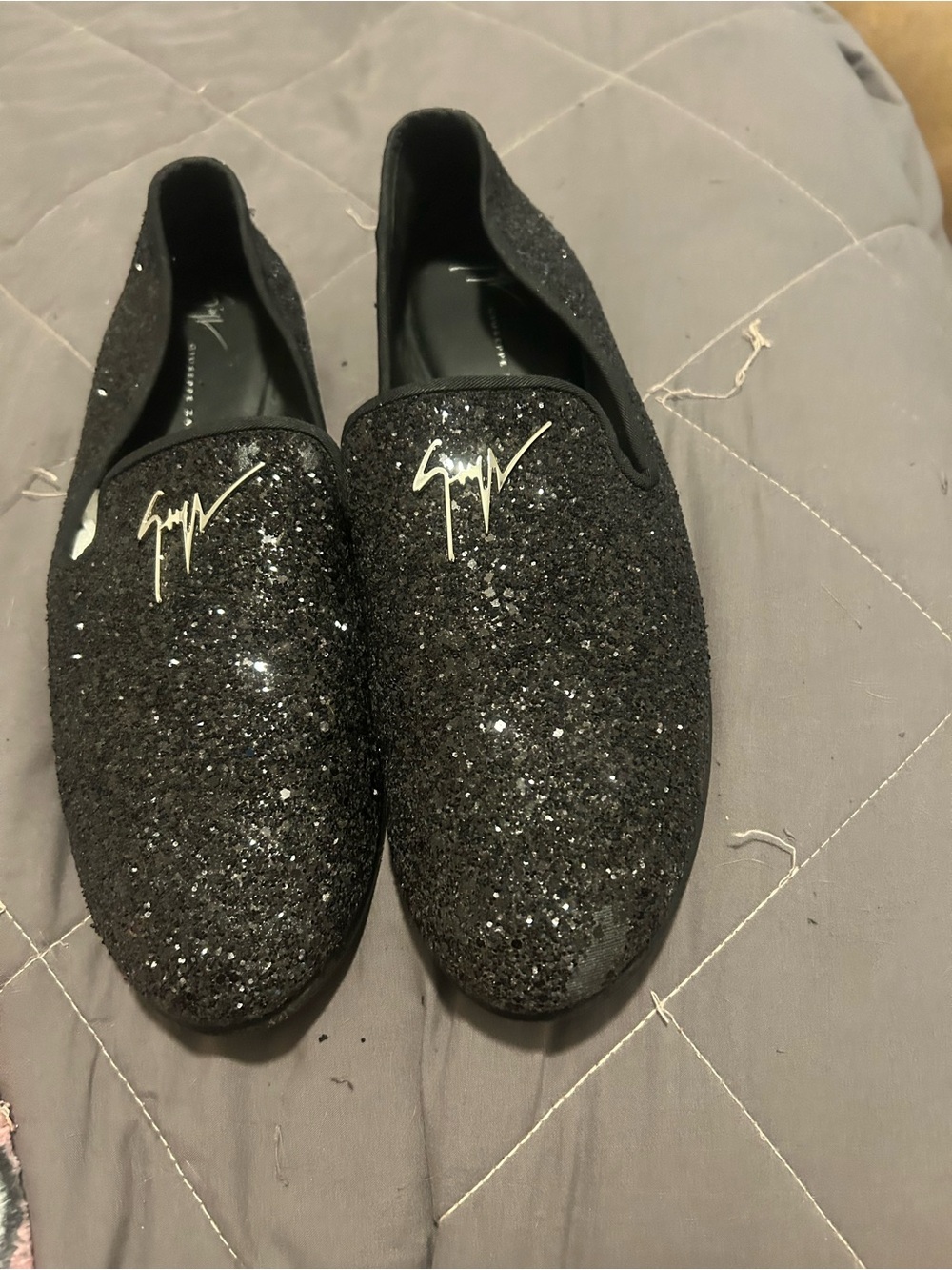Giuseppe Zanotti Men's Black Sparkle Glitter Slip-On Loafers with Gold Logo